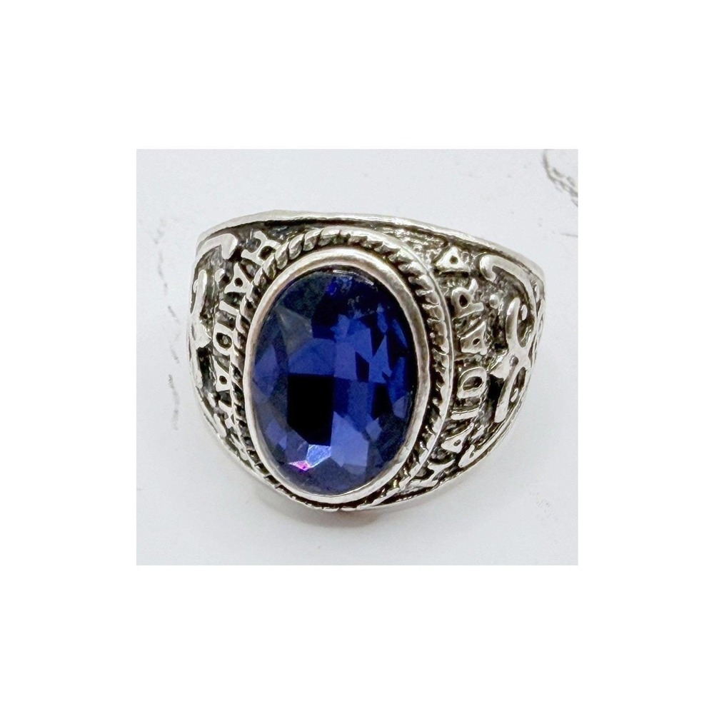 Haidara (Lion) Silver Tone‎ Blue Faceted Glass Statement Ring Men's Size 11.5